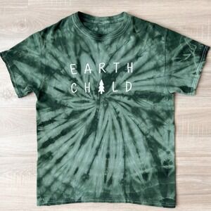 Green Tie Dye Graphic Tee Earth Child Boho Festival Hippie Shirt Women's L